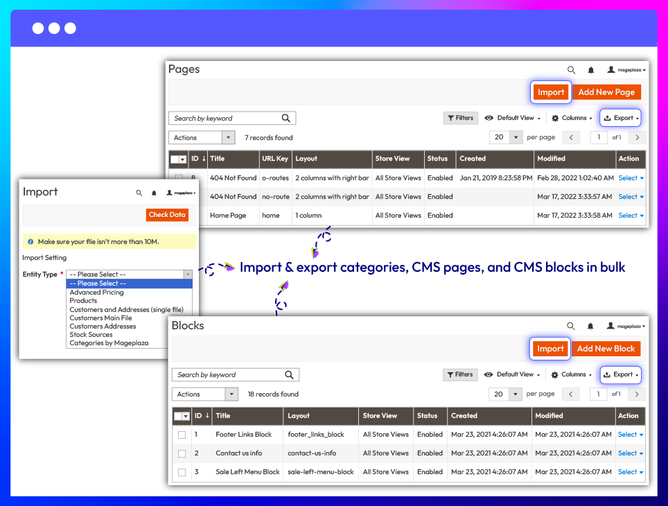 Import & export Categories, CMS Pages, and CMS Blocks in bulk