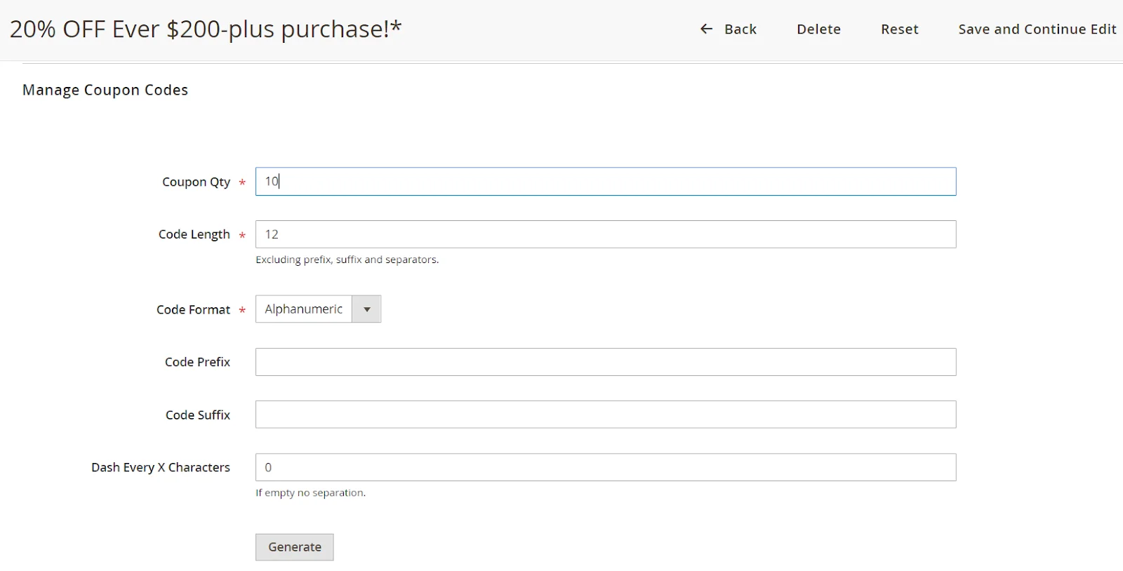 Manage coupon codes