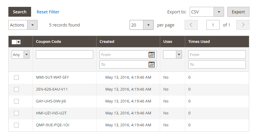 Multiple coupon codes table