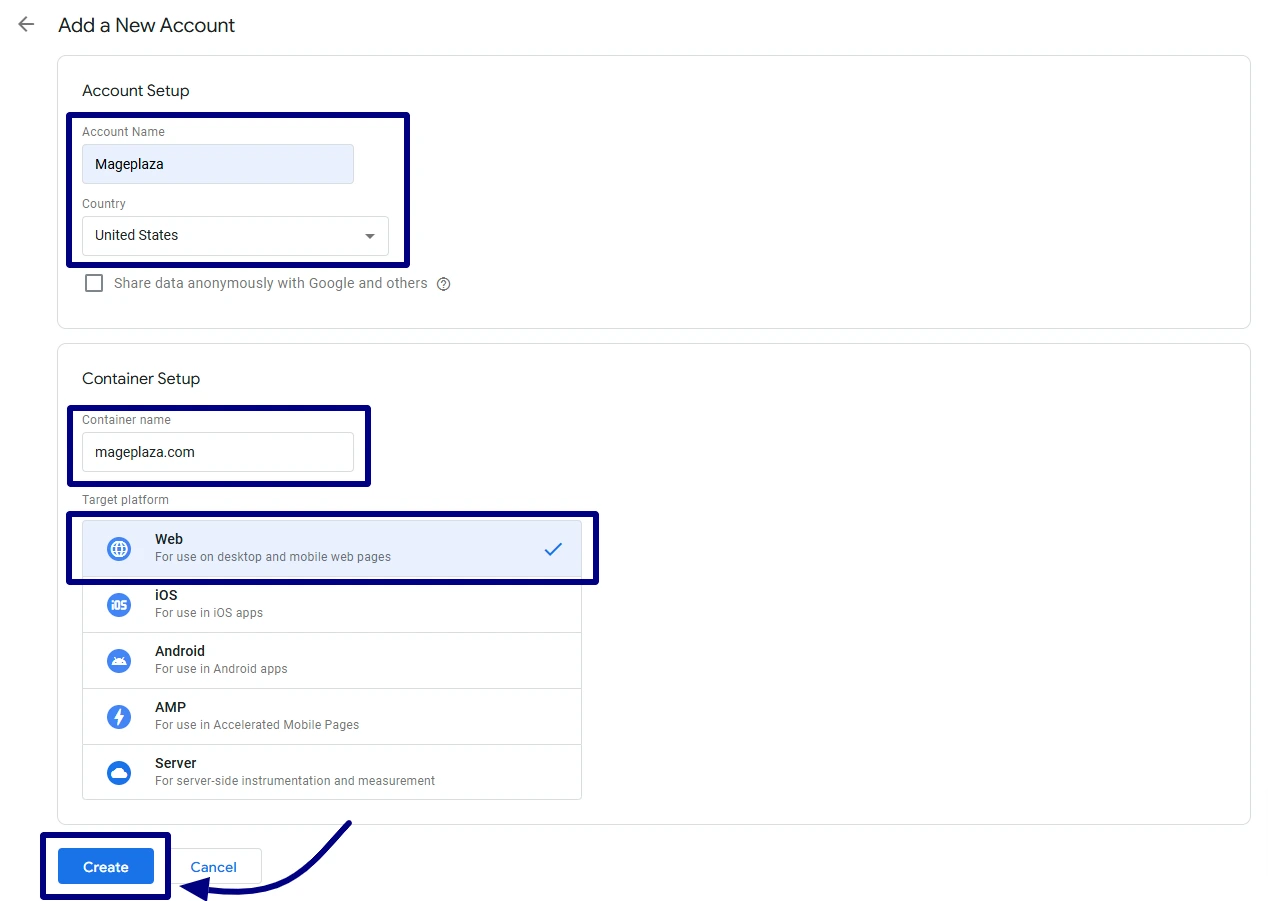 Create a GTM container