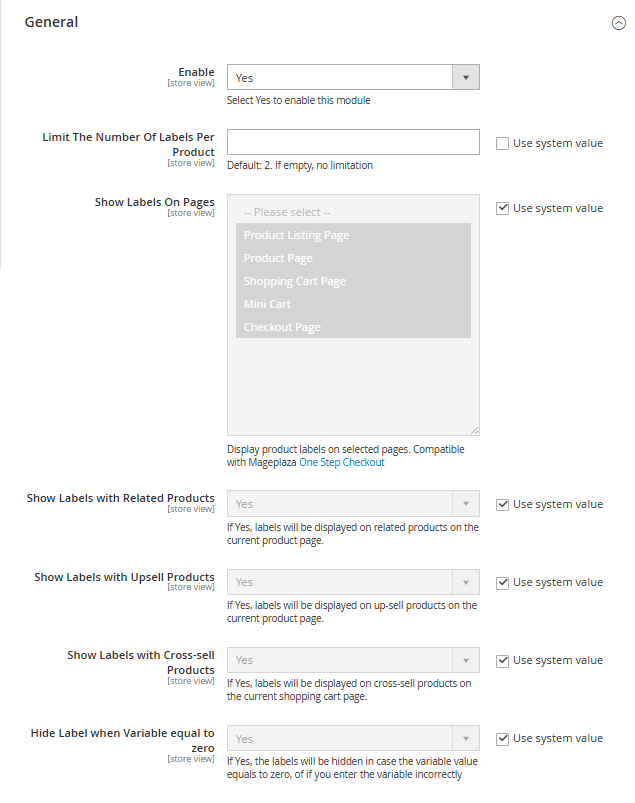 General configuration product labels