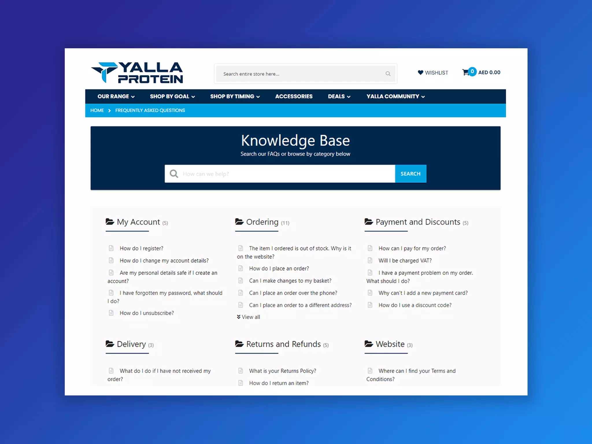 FAQ page on Yalla protein store