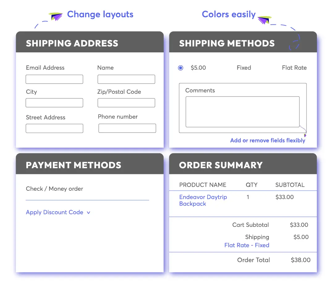 You can customize layouts and colors with Magento 2 One Step Checkout