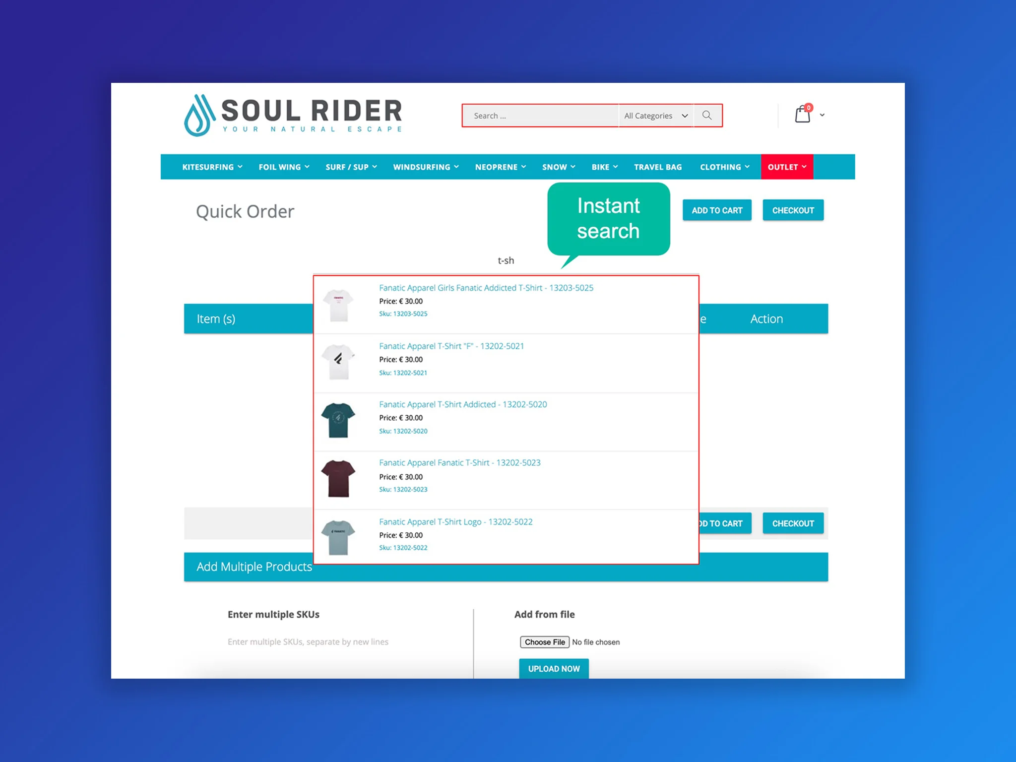 instant search at homepage soul rider store