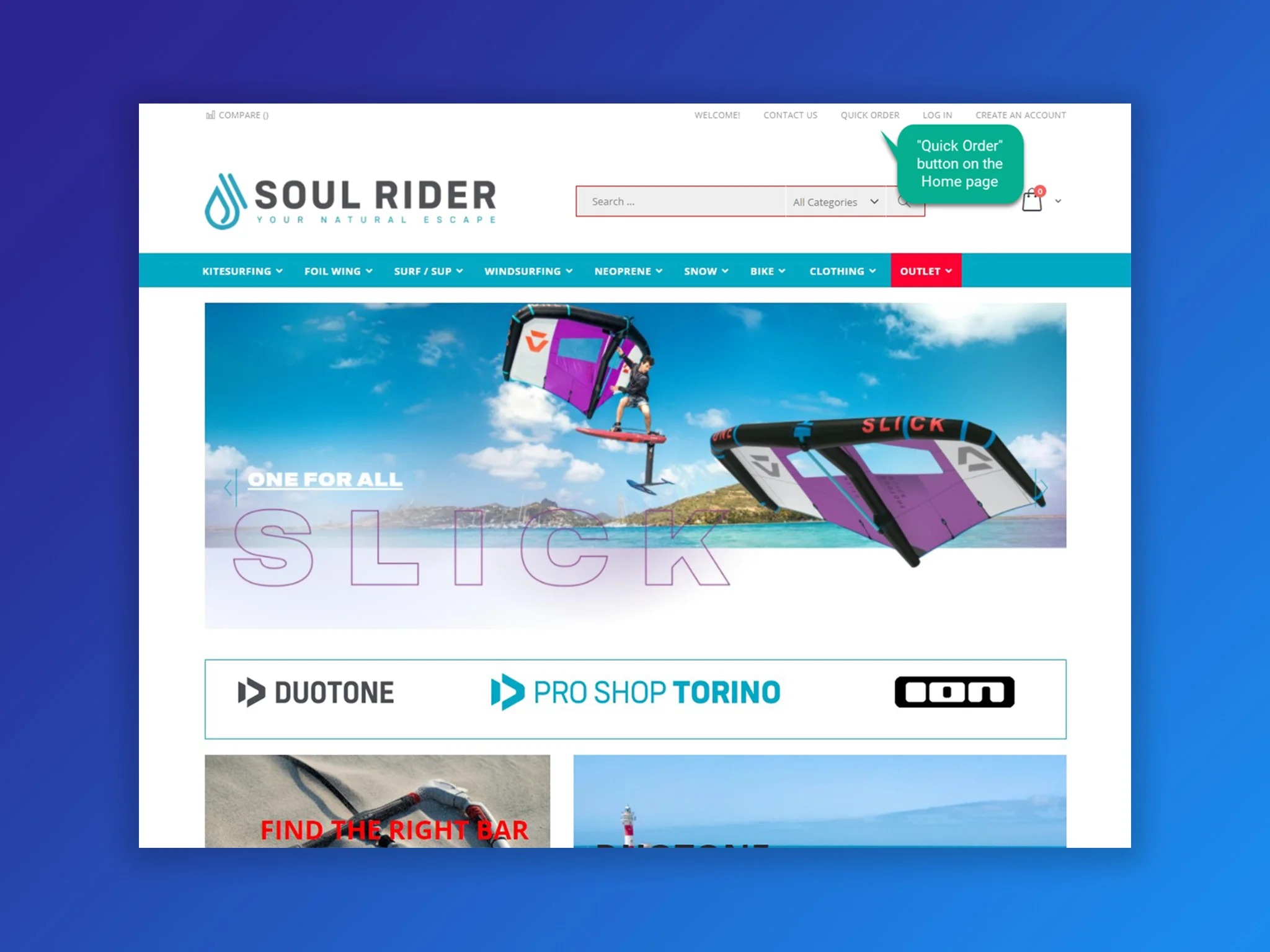 quick order button at homepage soul rider store