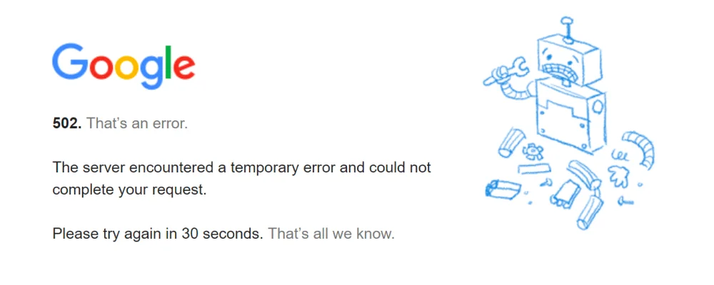 502 Bad Gateway error display on Google