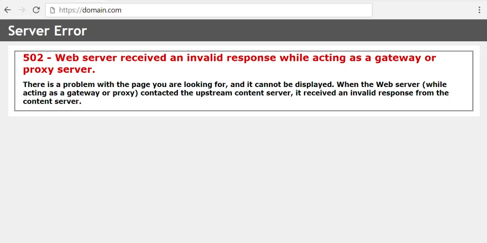 Example of 502 – Web server received an invalid response