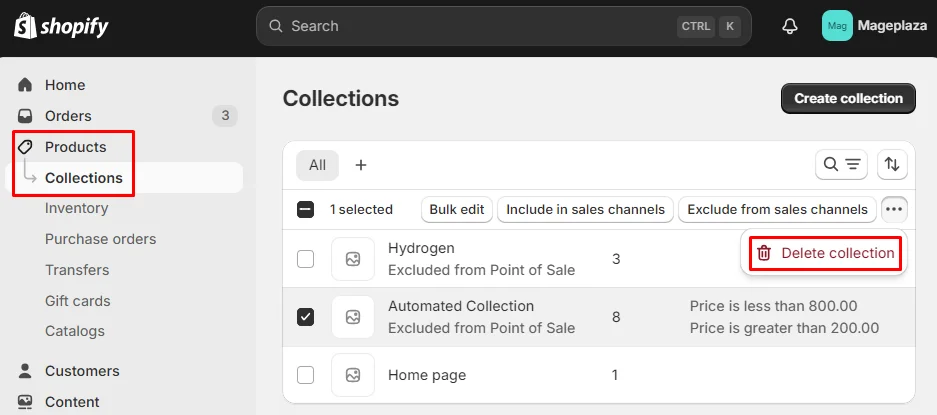 Delete sub-collection in Shopify