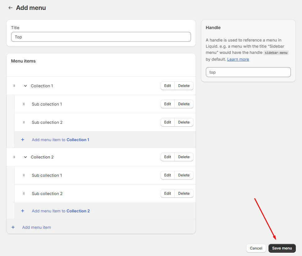 Using navigation menu to add sub-collection 4