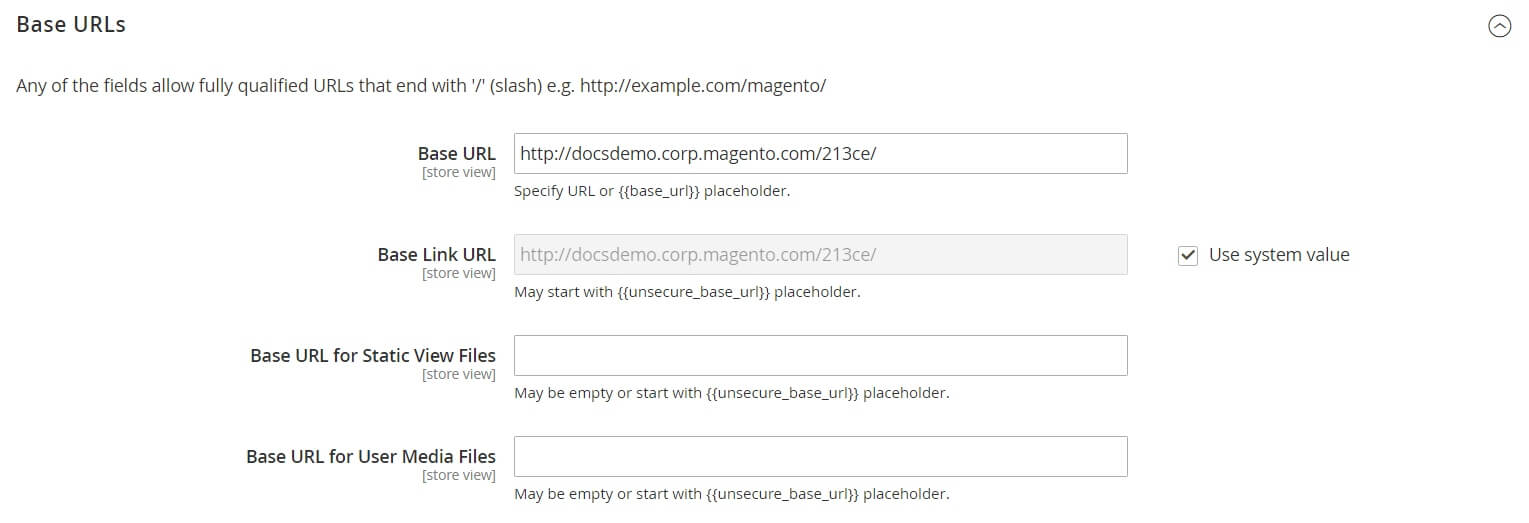Base URLs section in Magento 2 setting
