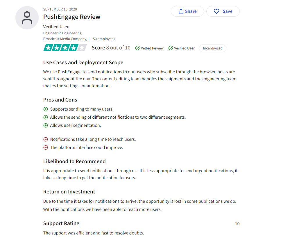 PushEngage’s Rating and Review