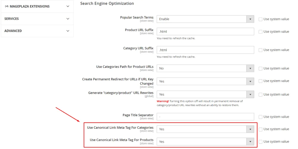 Use canonical tag for categories and products