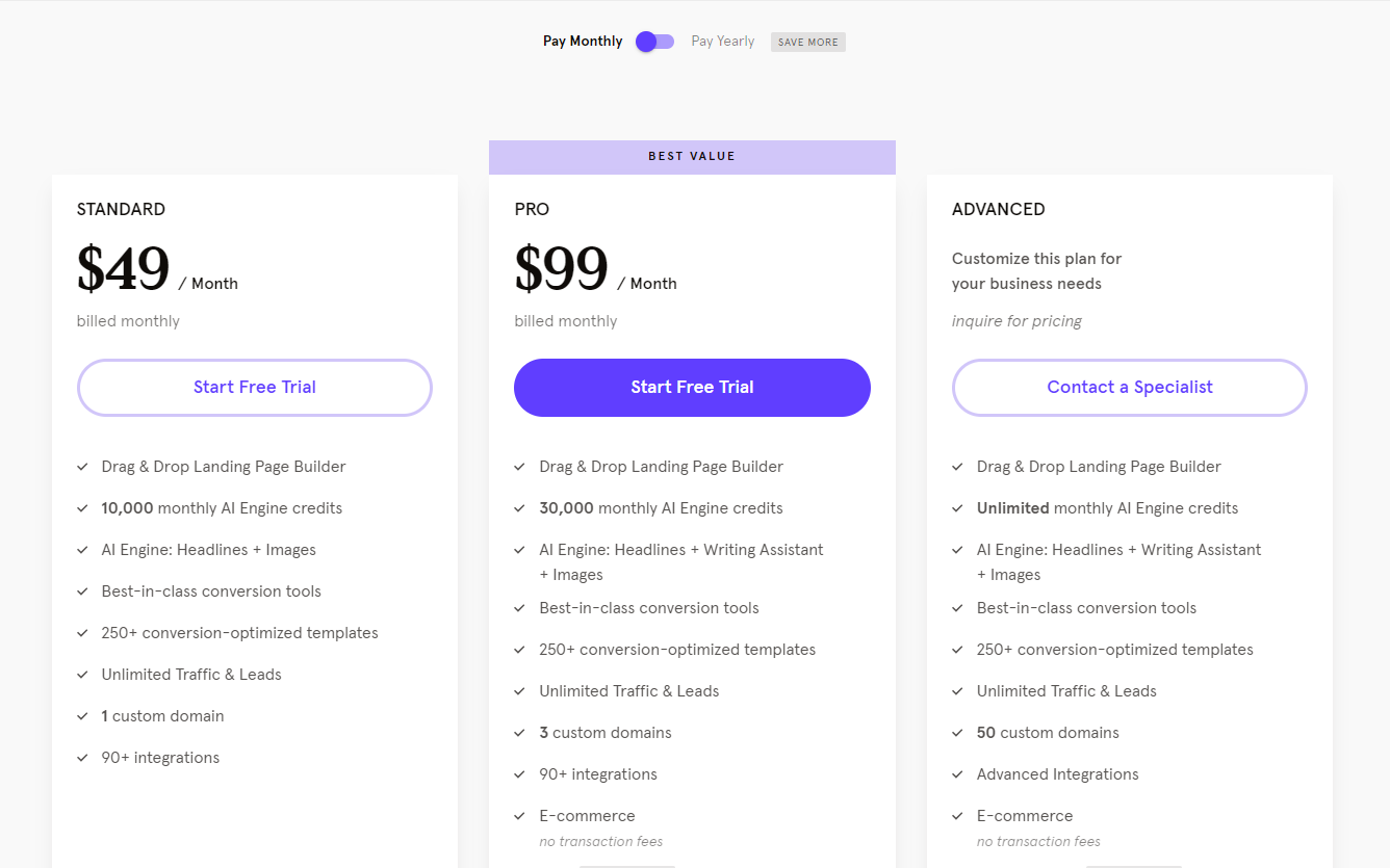 Leadpages Pricing for Monthly Paying
