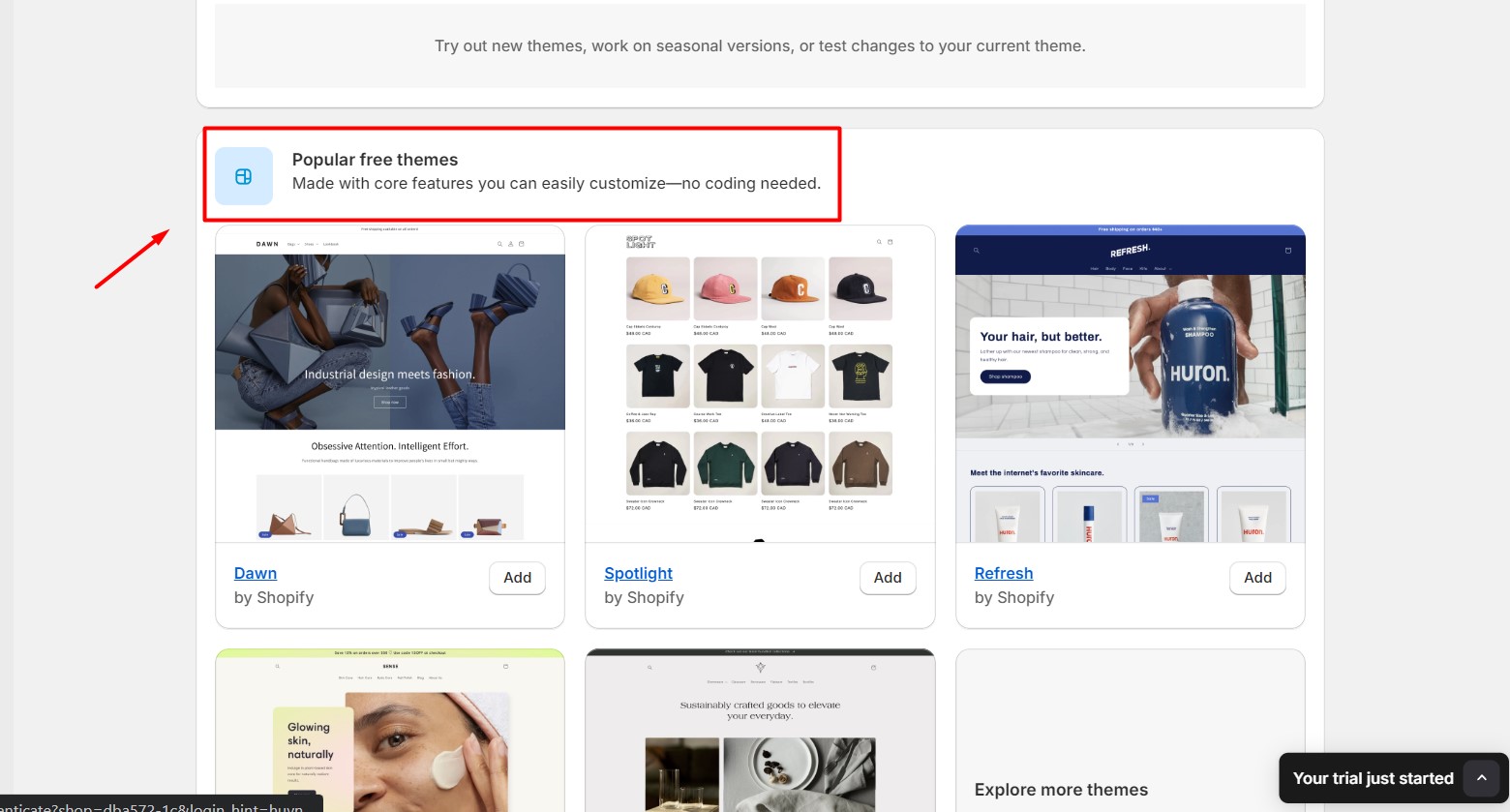 Select a theme from the Popular free themes list