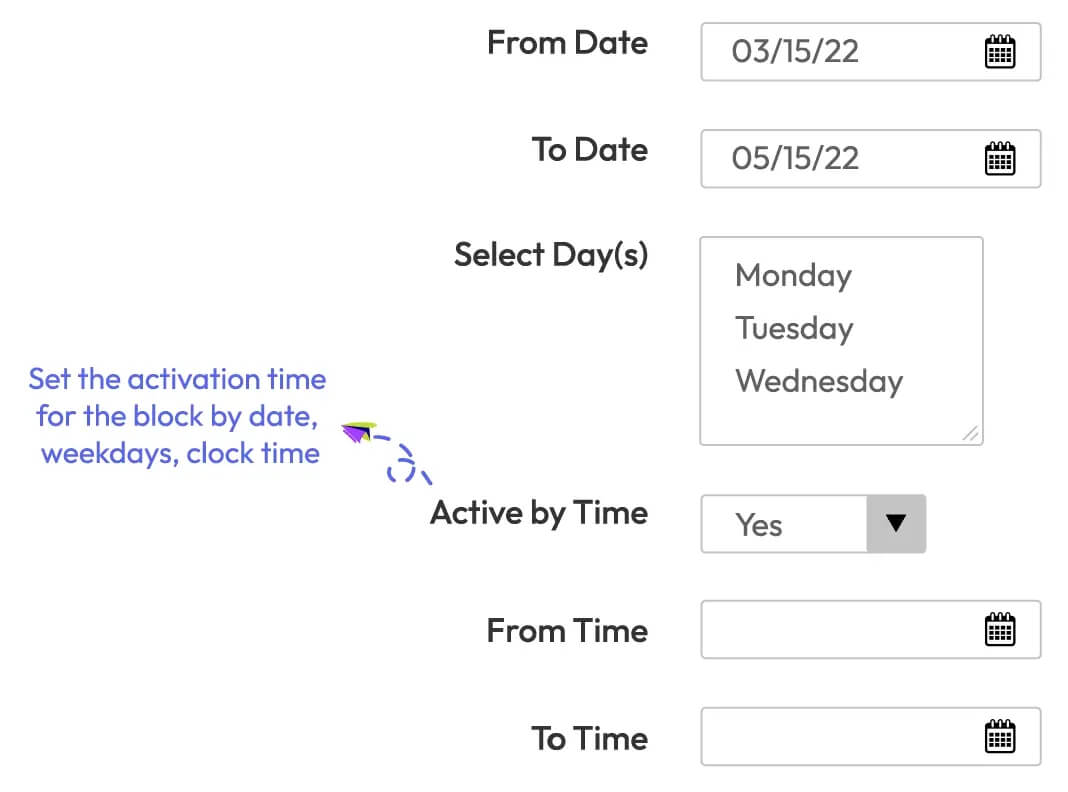 Schedule the automatic activation and deactivation of content blocks