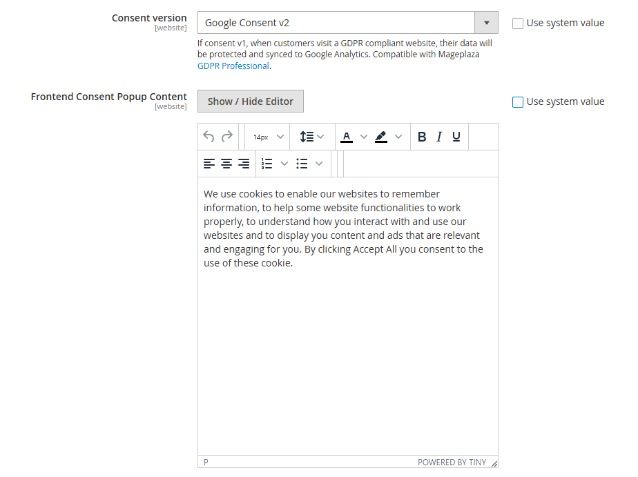 Configure Frontend Consent Popup Content