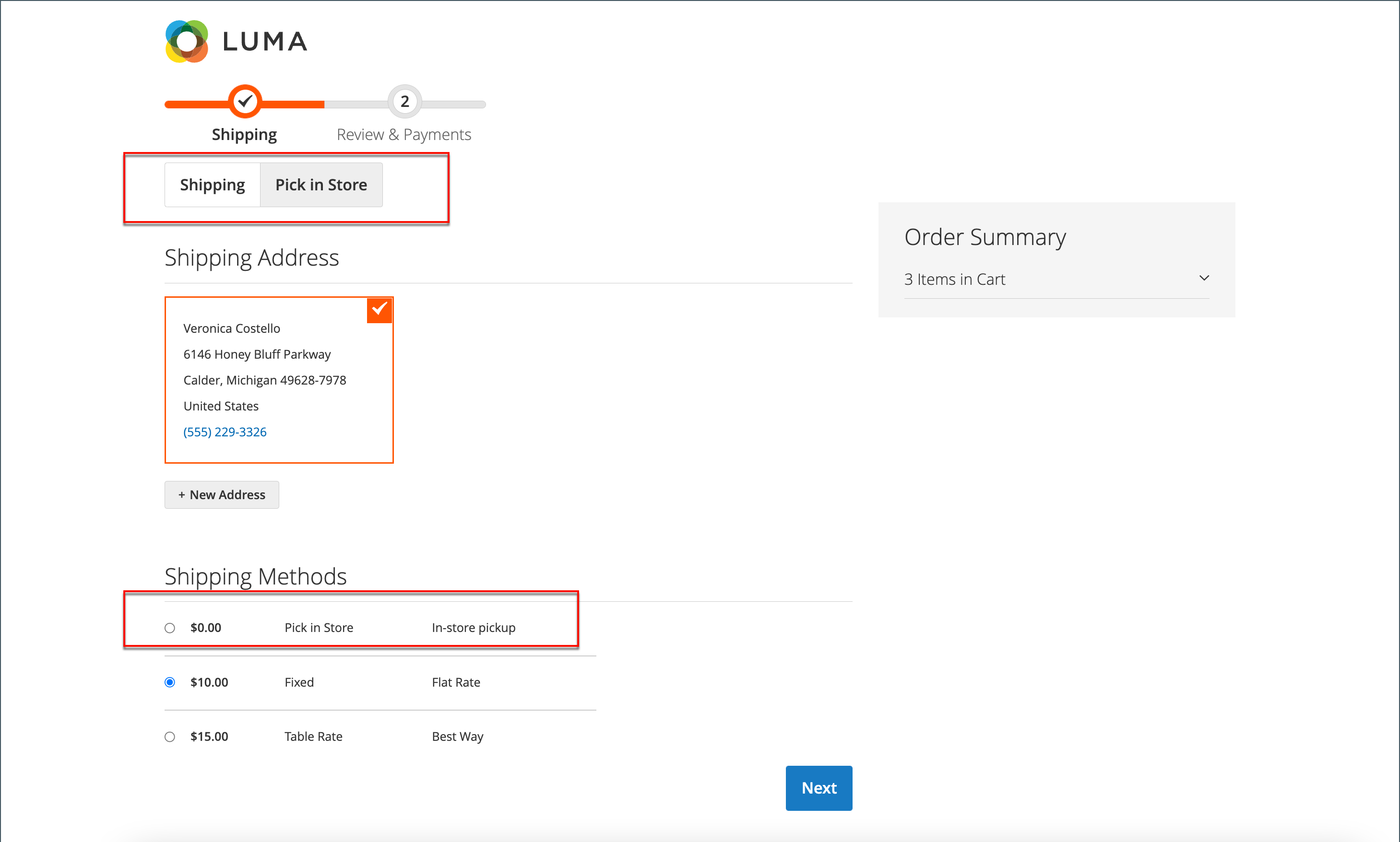 Magento 2 store front-end displaying in-store delivery options
