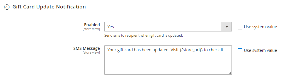 SMS Gift Cart Update Notification