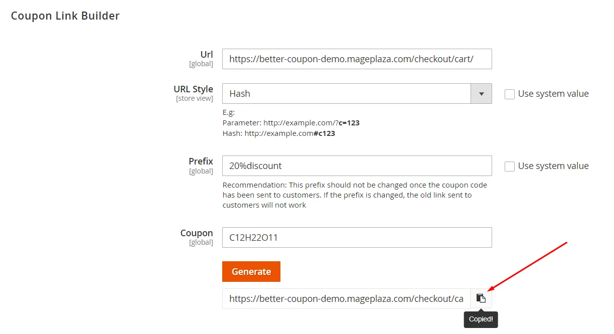 Generate coupon with link builder