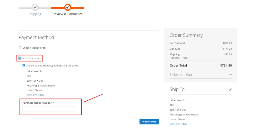 Purchase Order Number example