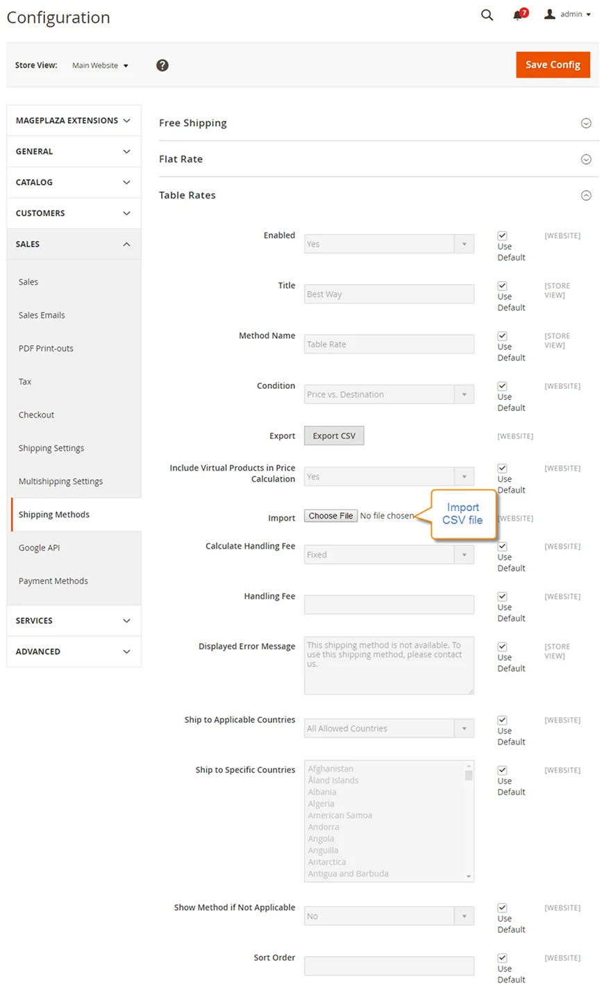 Configure Table Rates Shipping Method Import CSV file