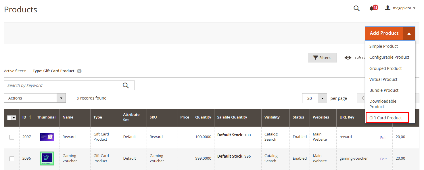 add new gift card product