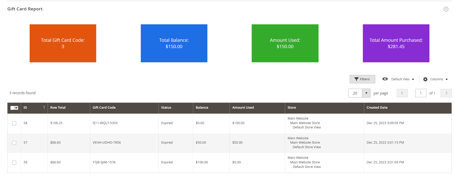 gift card product report tab