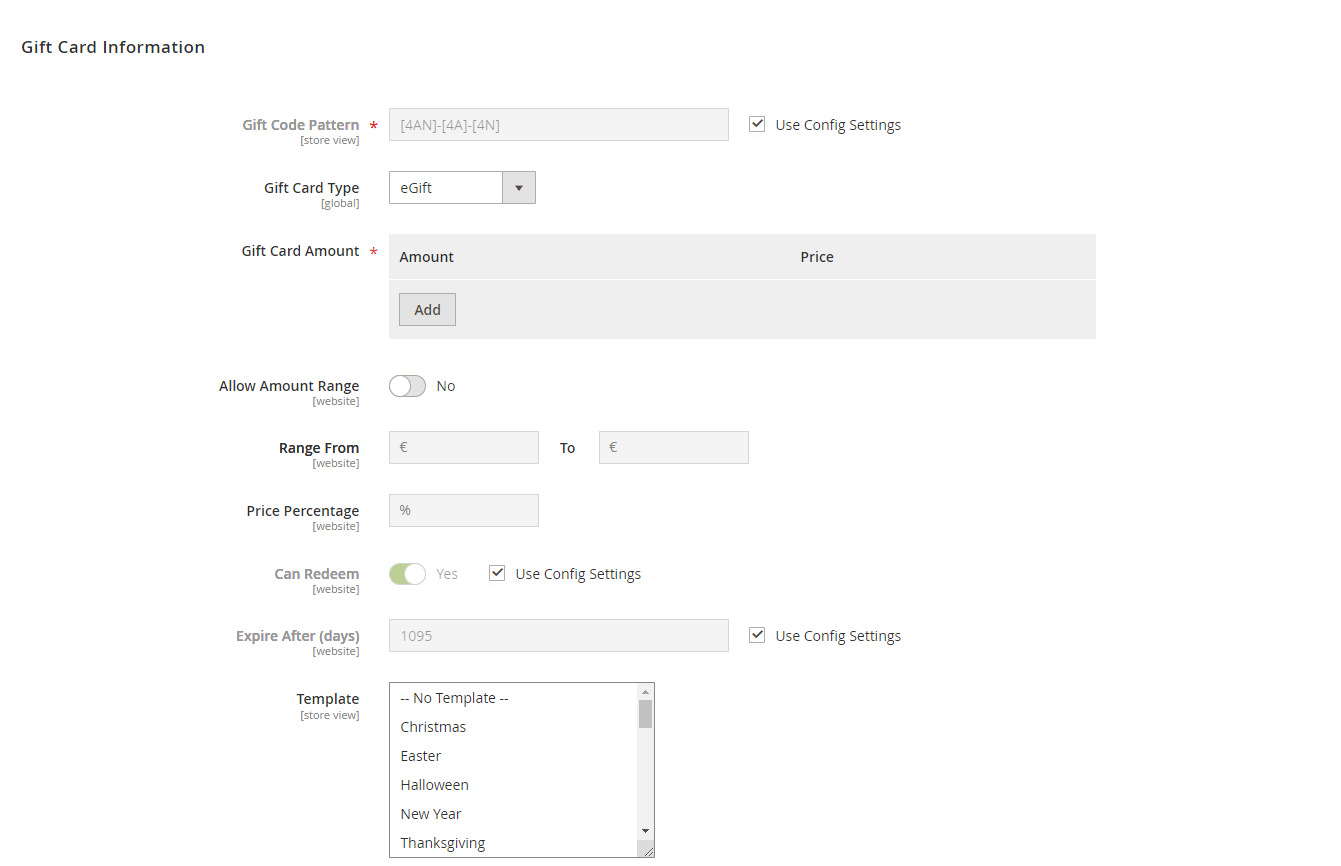 set gift card information