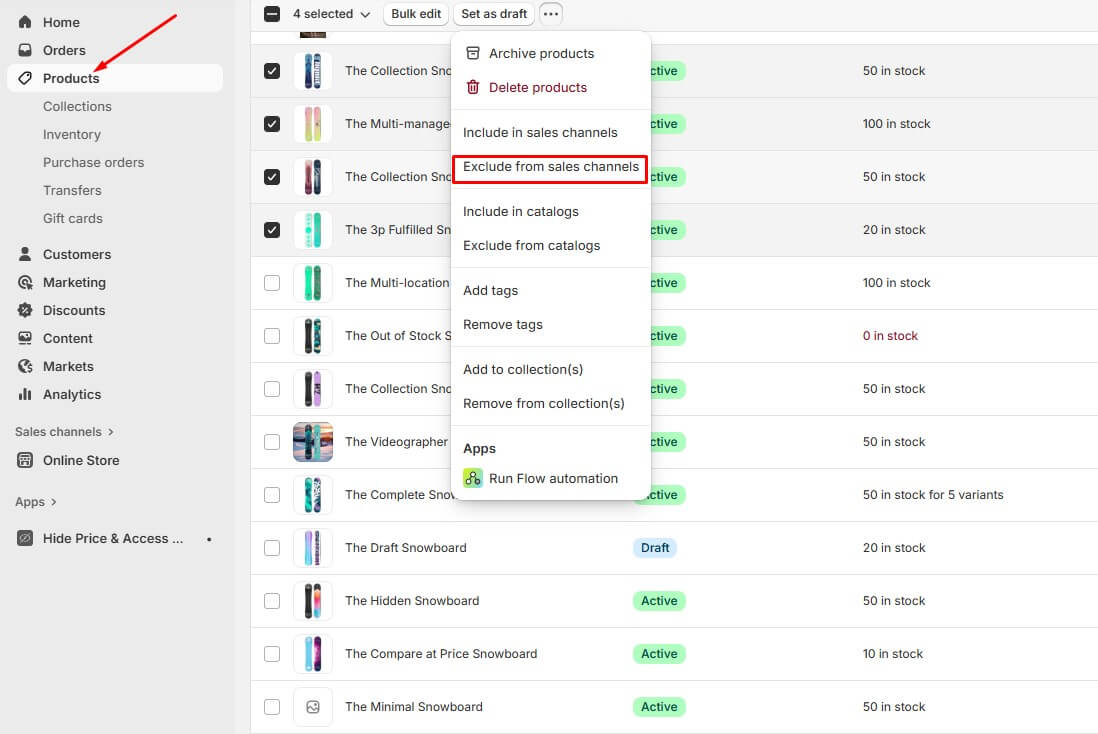 Hide products on Shopify via sales channels