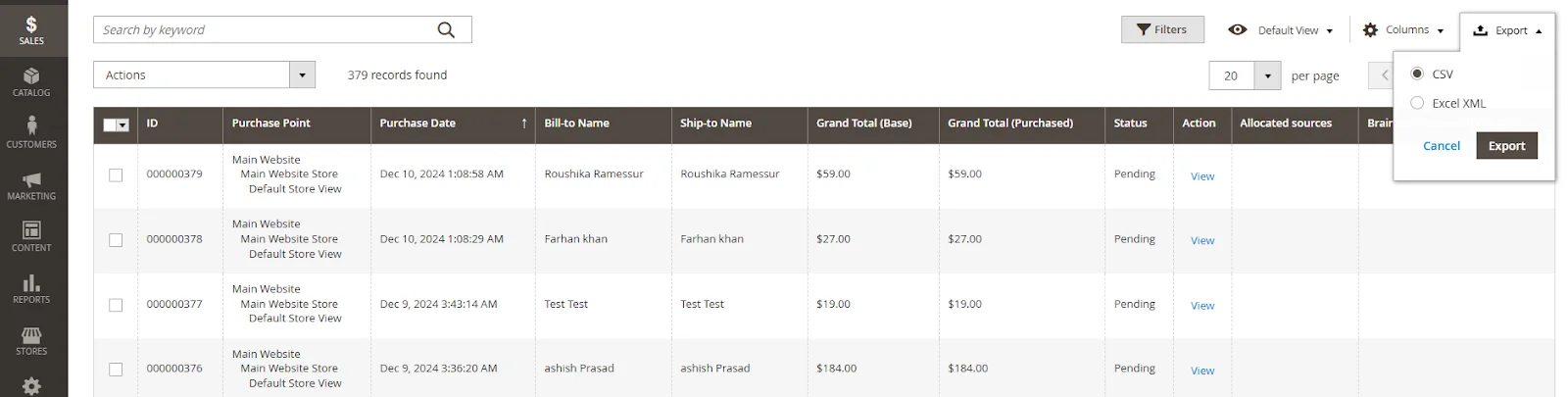 Select the file format csv or xml
