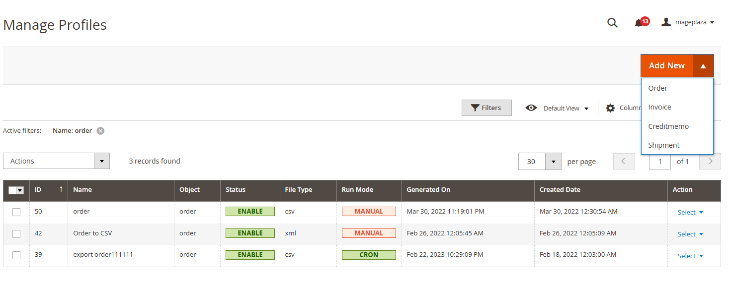 Magento 2 Order Export Create New Profile