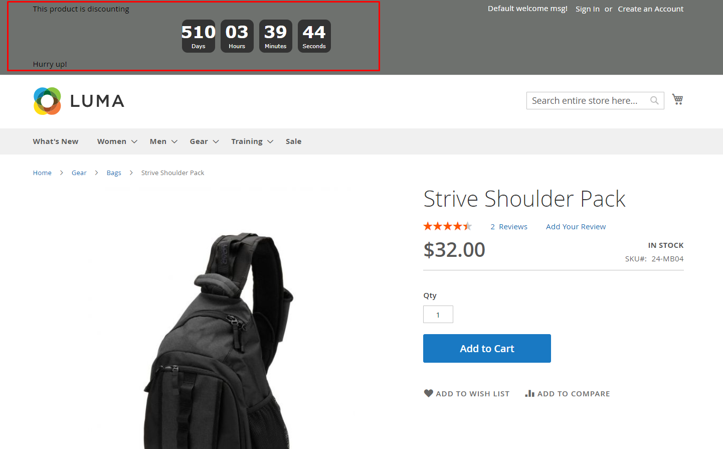 Countdown timer at product page