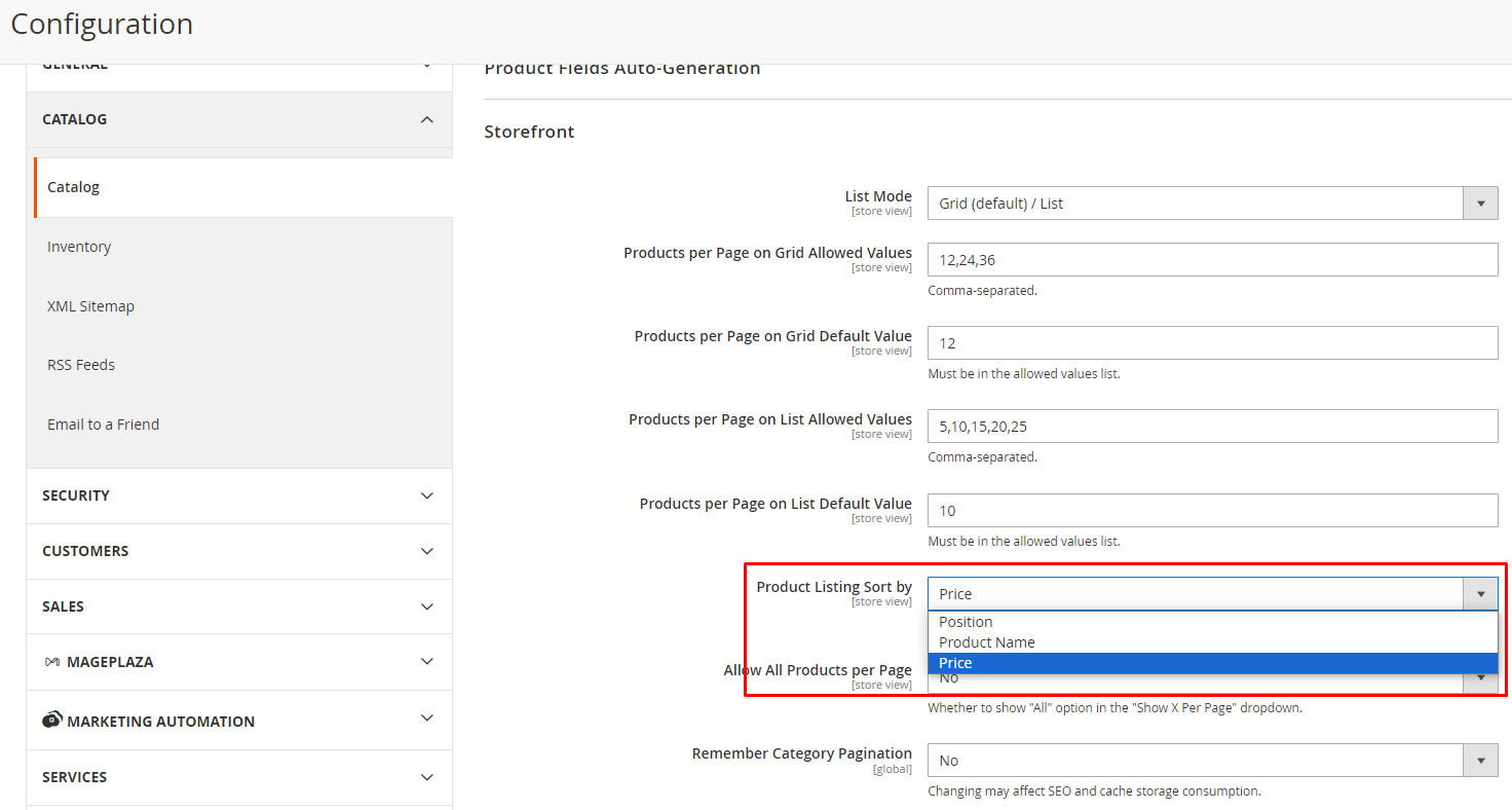 Product listing sort by