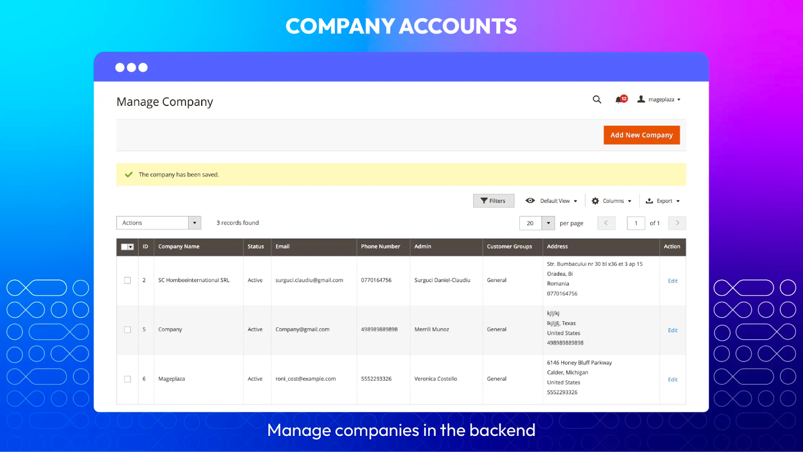Manage all companies in a grid