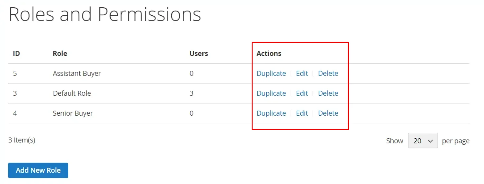 Modify/duplicate/delete a role