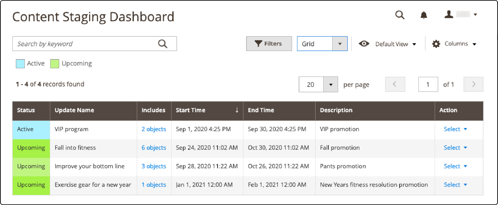 Magento Content Staging dashboard