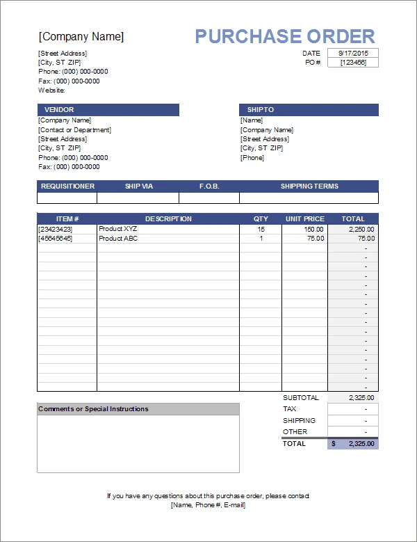 Example of a purchase order