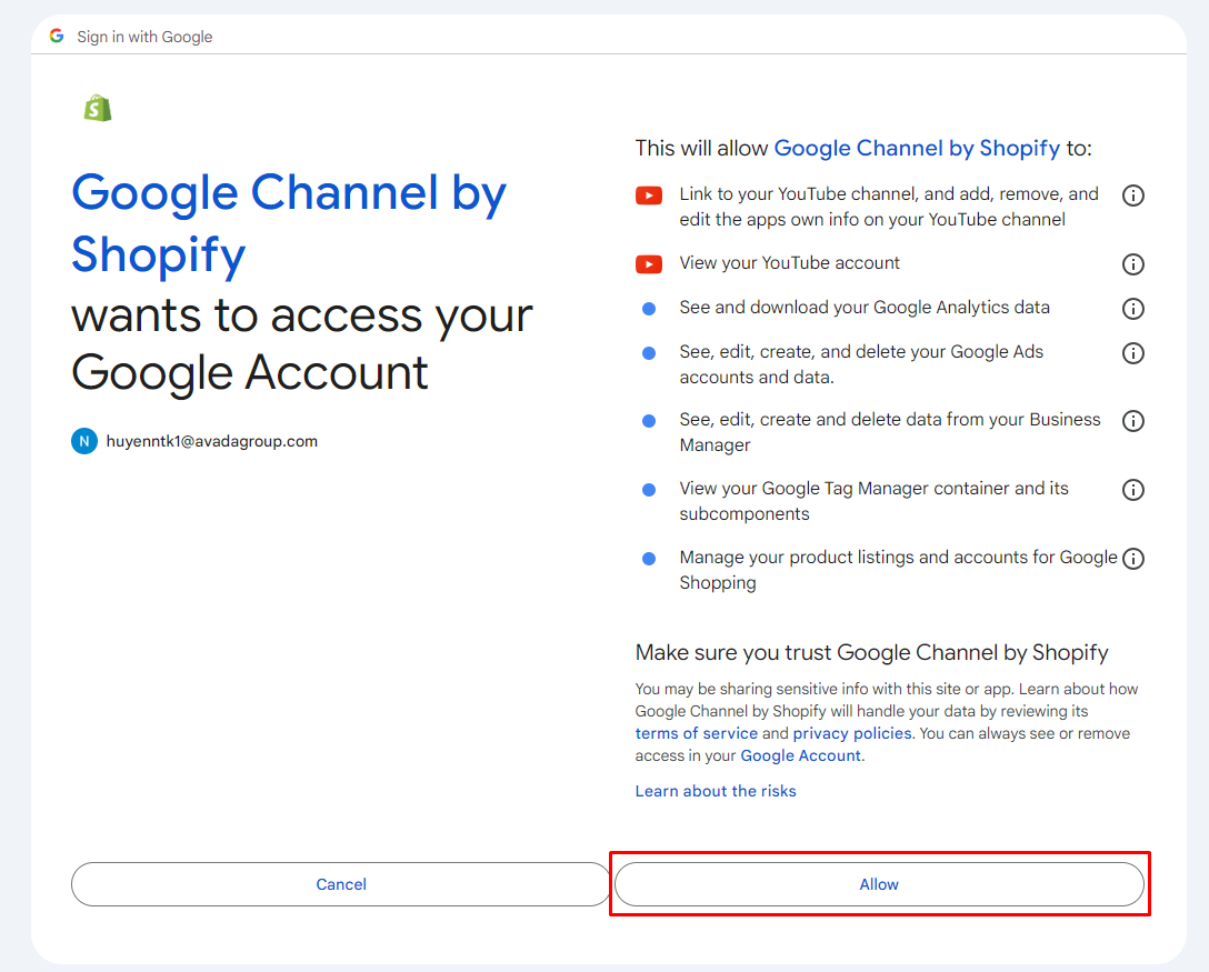 Allow Google Channel by SHopify to access your Google Account