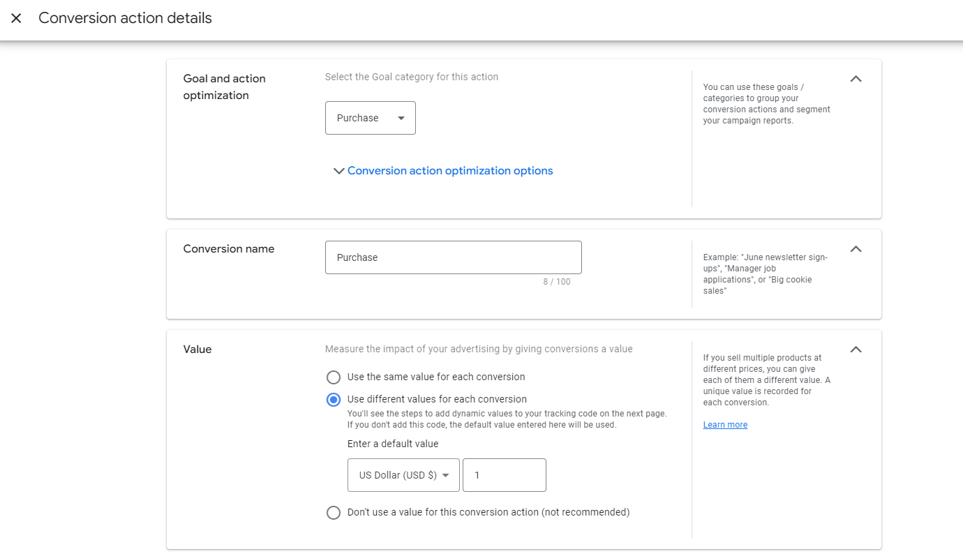 Conversion action details