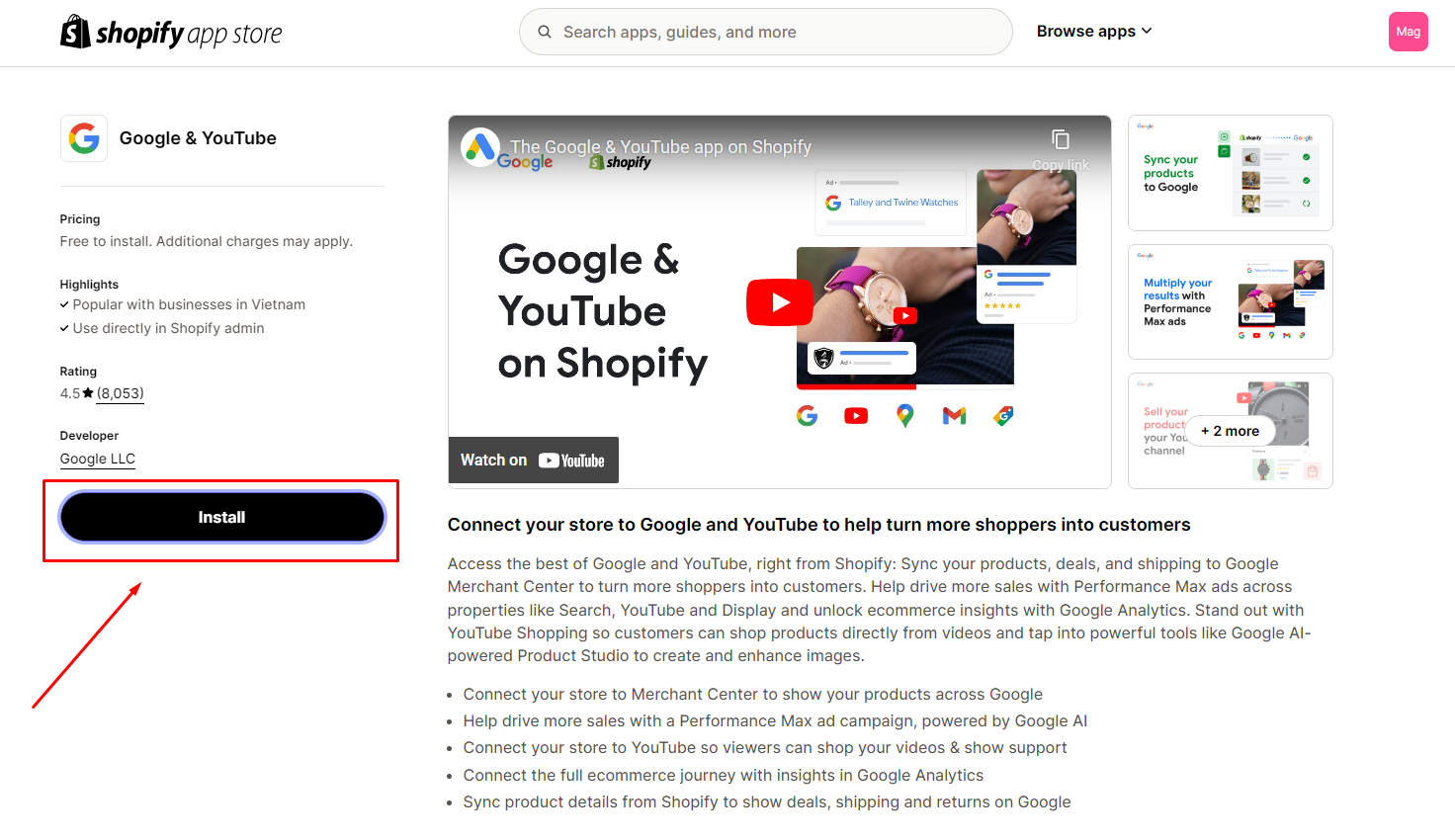 Install Google & Youtube app in Shopify app store