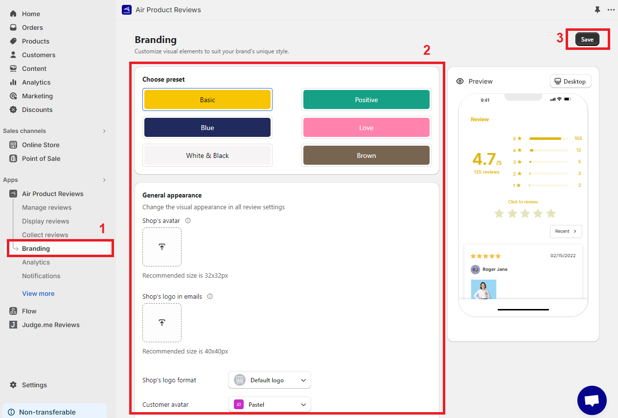Explore branding section to customize your product review settings