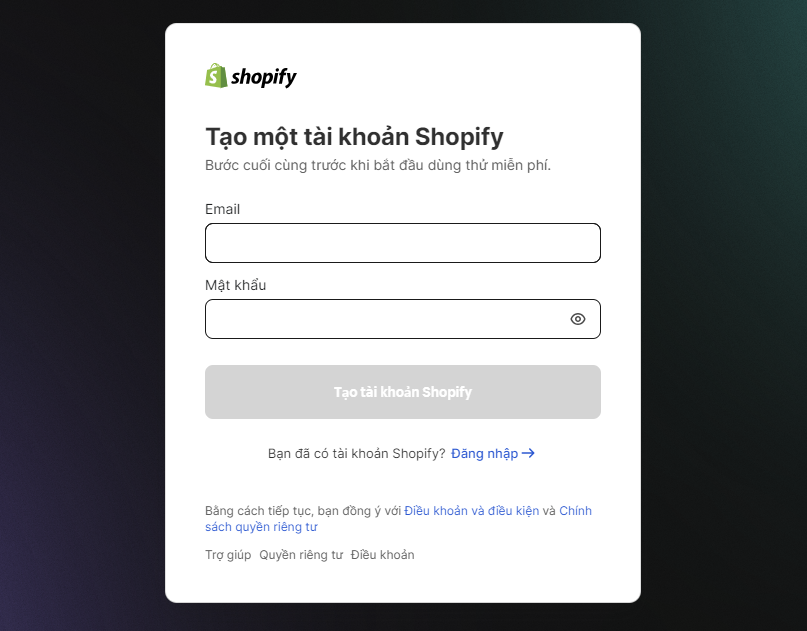 Tạo tài khoản Shopify