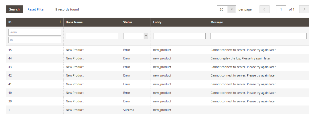 Magento 2 Webhook Logs