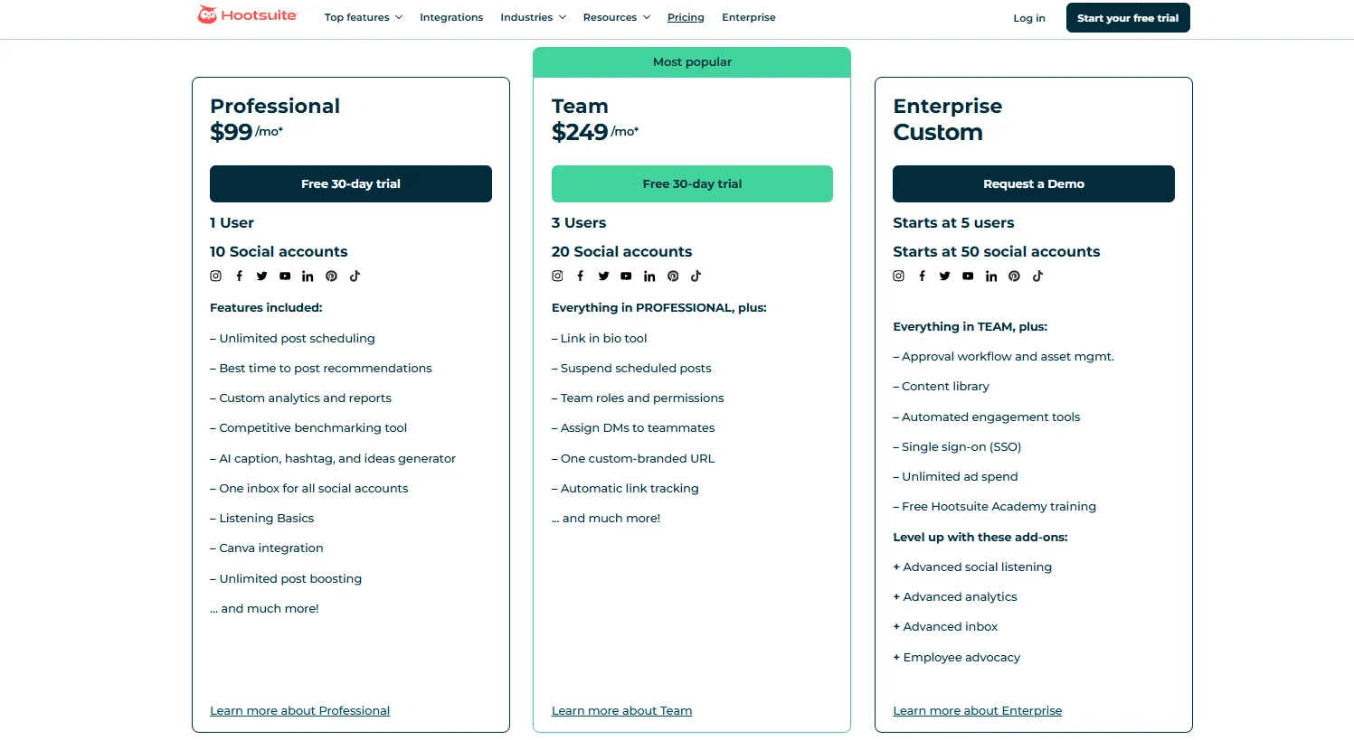 Hootsuite tiered pricing example