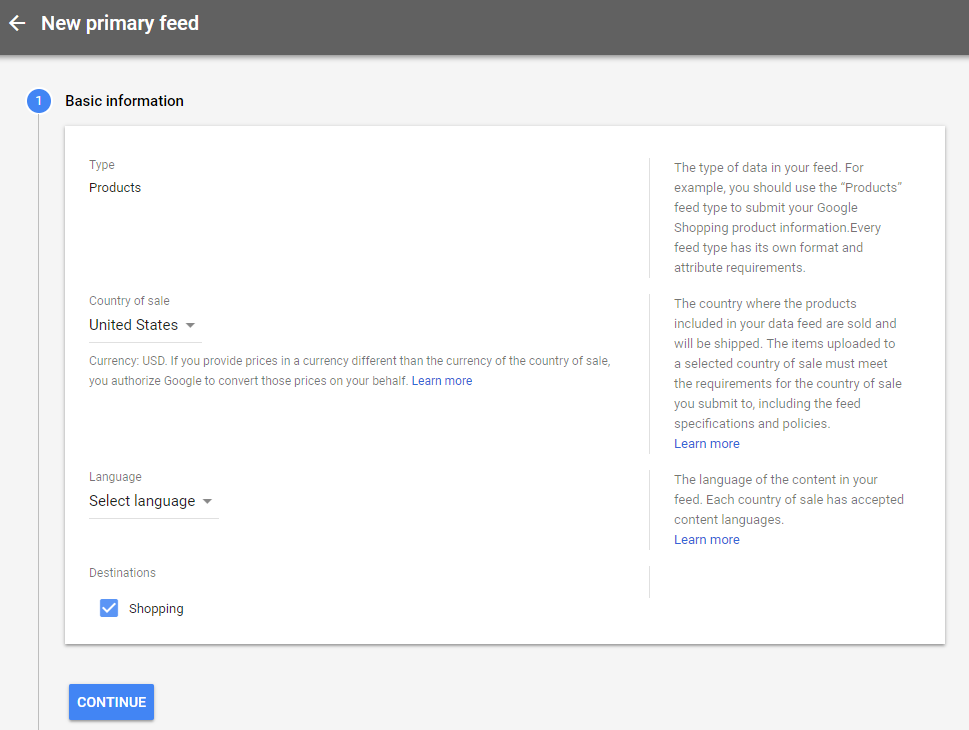 Insert the information at New primary google shopping feed