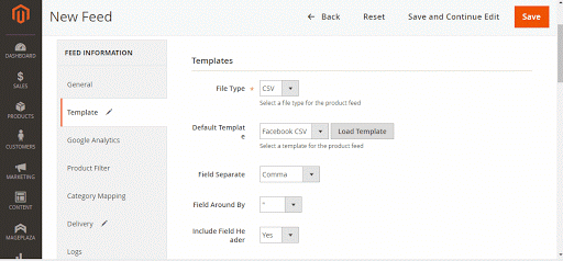 Choose template for product feed template