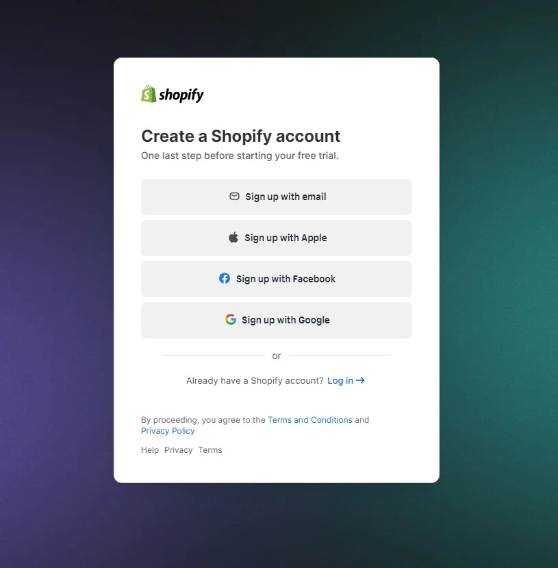Create a Shopify account