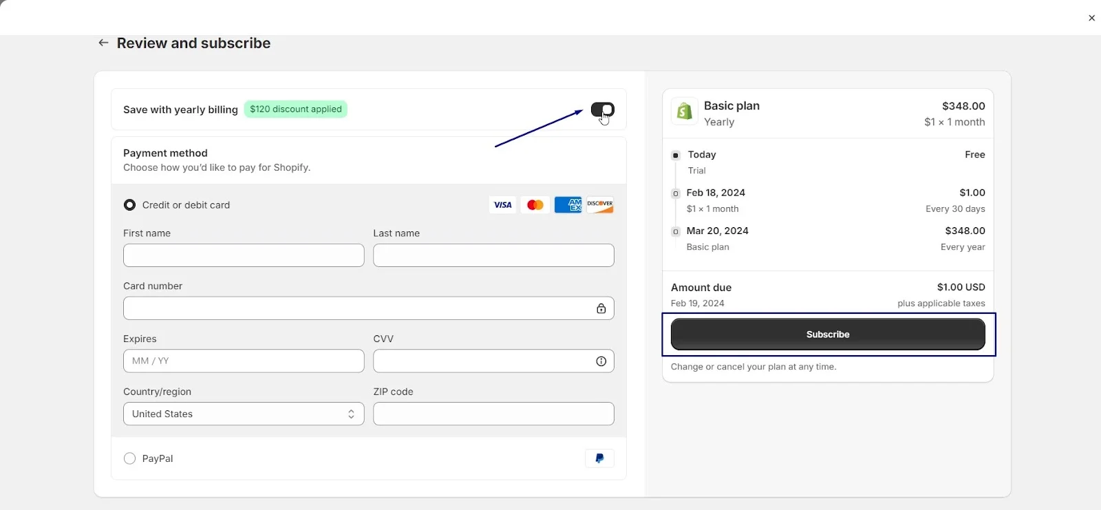 Turn on Save with yearly billing