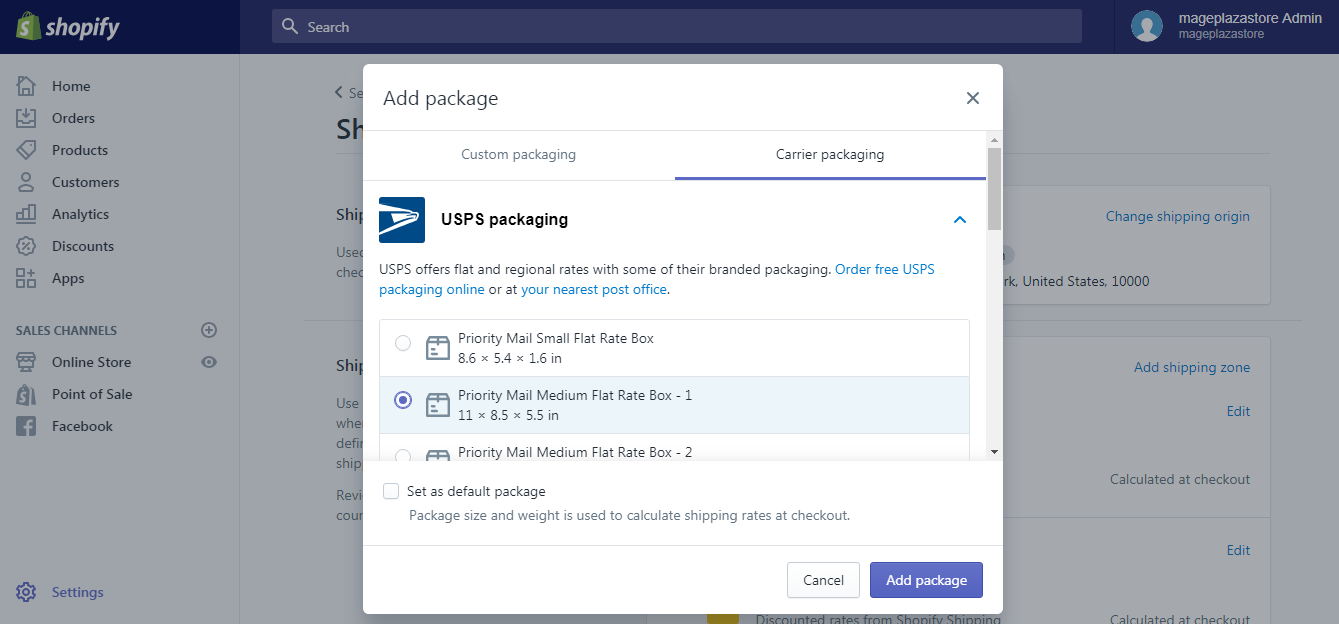 how to add a USPS flat rate packaging on Shopify4