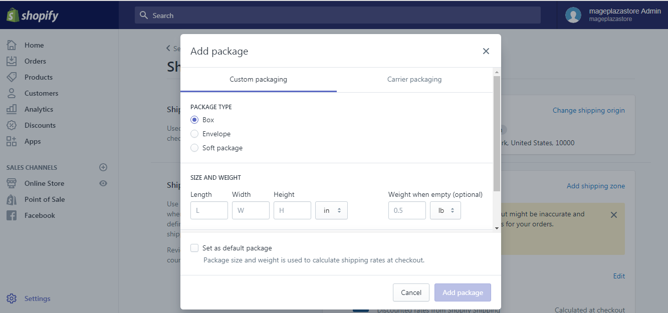 how to add a package type on Shopify2